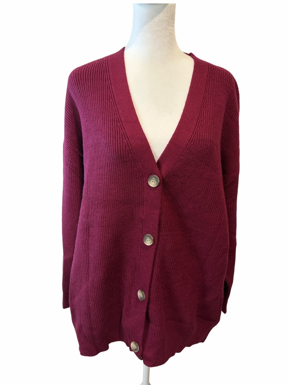 Merokeety Women’s Deep Berry Button-Front V-Neck Cardigan Sweater. Size S. NWT